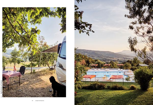 Book cover of Camper Food & Stories - Italy, with a food van selling fresh Italian produce by the roadside. Published by Luster Publishing.