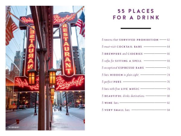 Book cover of The 500 Hidden Secrets of Chicago, with an abstract mural in blue, orange and cream, on exterior of Gensler's Chicago office. Published by Luster Publishing.