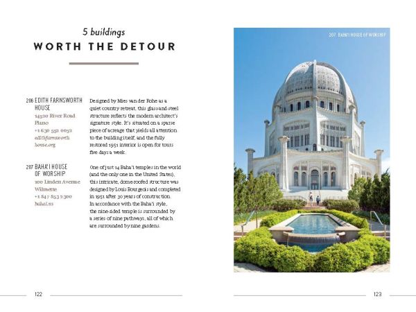 Book cover of The 500 Hidden Secrets of Chicago, with an abstract mural in blue, orange and cream, on exterior of Gensler's Chicago office. Published by Luster Publishing.