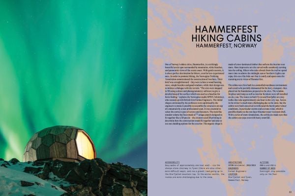 Book cover of Agata Toromanoff's Amazing Mountain Cabins: Architecture Worth the Hike, with a modern, hexagonal cabin resting on side of mountain. Published by Luster Publishing.