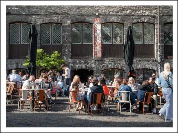 Book cover of Derek Blyth's The 500 Hidden Secrets of Ghent, with the columned Museum of the Fine Arts. Published by Luster Publishing.
