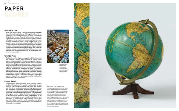 Book cover of Around the World in 200 Globes: Stories of the Twentieth Century, with a man standing on ladder which is leaning against a large globe. Published by Luster Publishing.