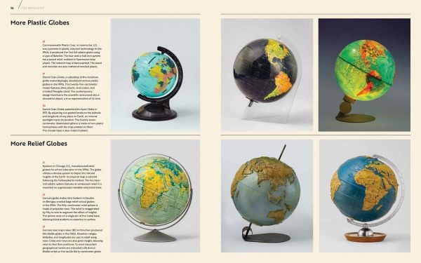 Book cover of Around the World in 200 Globes: Stories of the Twentieth Century, with a man standing on ladder which is leaning against a large globe. Published by Luster Publishing.