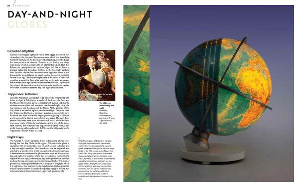 Book cover of Around the World in 200 Globes: Stories of the Twentieth Century, with a man standing on ladder which is leaning against a large globe. Published by Luster Publishing.