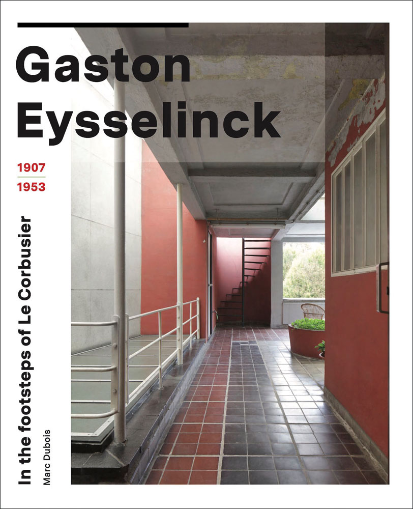 Tiled interior floor, spiral metal staircase, white bannisters, on white cover, Gaston Eysselinck 1907-1953 in black and red font