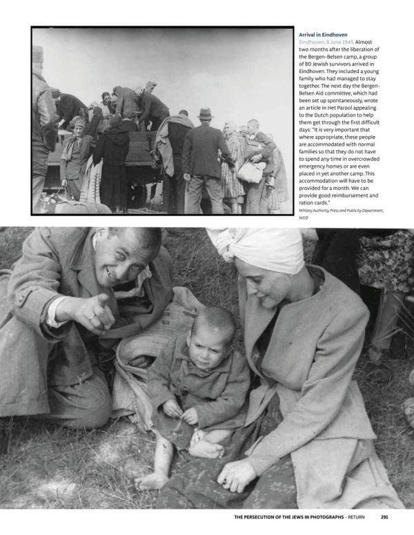 Book cover of The Persecution of the Jews in Photographs, The Netherlands 1940-1945', featuring a Jewish couple walking through a square in Amsterdam. Published by WBooks.