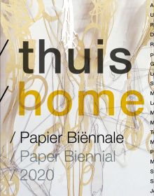 White book cover of Thuis/Home. Paper Biennial 2020, featuring a pale yellow pattern with dark stitch lines. Published by Waanders Publishers.