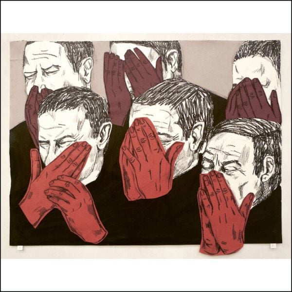 White book cover of Thuis/Home. Paper Biennial 2020, featuring a pale yellow pattern with dark stitch lines. Published by Waanders Publishers.