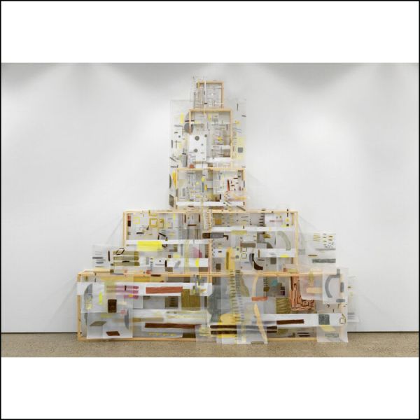 White book cover of Thuis/Home. Paper Biennial 2020, featuring a pale yellow pattern with dark stitch lines. Published by Waanders Publishers.