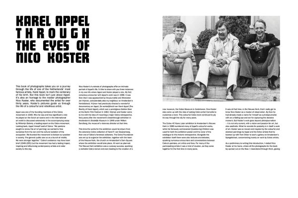 Book cover of APPEL: A life in photographs by Nico Koster, with the artist standing next to a large colorful sculpture. Published by Waanders Publishers.