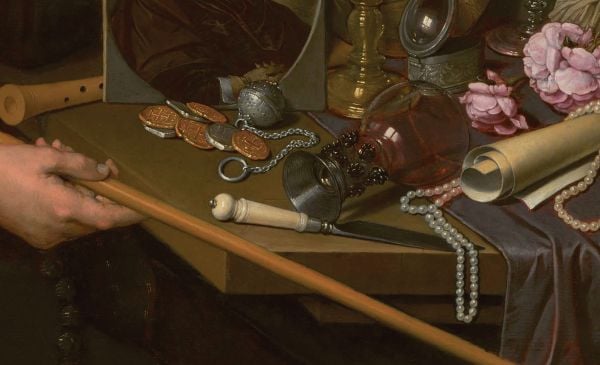 Book cover of David Bailly: Time, death and vanity, featuring a painting titled Vanitas Still Life with Portrait of a Young Painter. Published by Waanders Publishers.