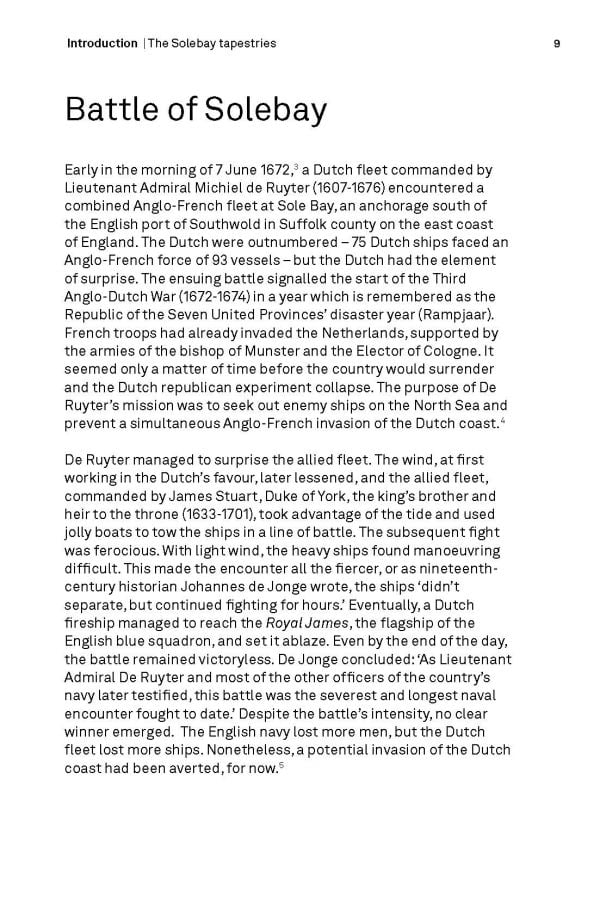 Book cover of The Solebay Tapestries: Threads of History, with a section of a tapestry with a battle at sea. Published by Waanders Publishers.