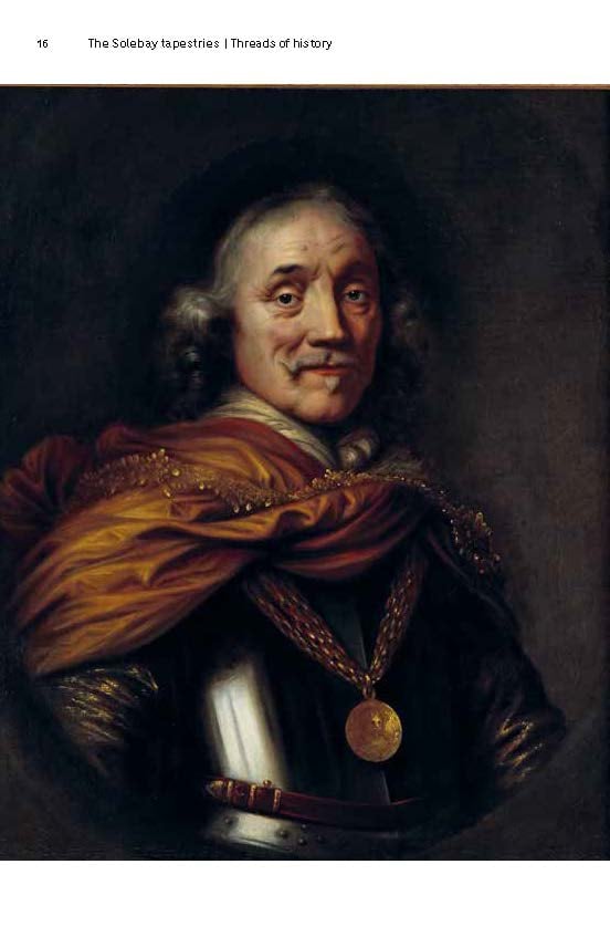 Book cover of The Solebay Tapestries: Threads of History, with a section of a tapestry with a battle at sea. Published by Waanders Publishers.