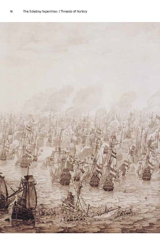 Book cover of The Solebay Tapestries: Threads of History, with a section of a tapestry with a battle at sea. Published by Waanders Publishers.