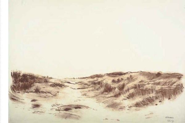 Book cover of Dirck Nab – Paysage Dessiné, with the artist sitting amongst coastal dunes. Published by Waanders Publishers.