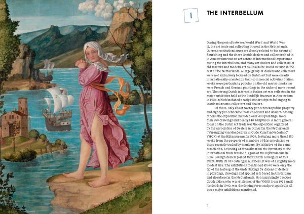 Book cover of Looted Art & Restitution: The Exodus and Partial Return of Dutch Art Property During and After World War II, with an officer standing near stacks of paintings. Published by Waanders Publishers.