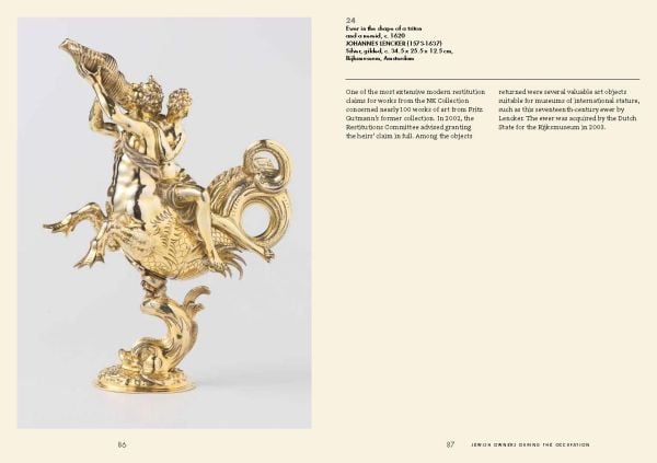 Book cover of Looted Art & Restitution: The Exodus and Partial Return of Dutch Art Property During and After World War II, with an officer standing near stacks of paintings. Published by Waanders Publishers.