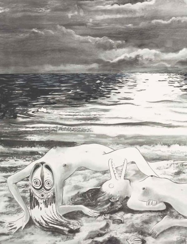 Book cover of Sasa Bogojev's Tilo Baumgärtel, with a painting of woolly mammoth skeleton in forest, with river below. Published by Waanders Publishers.