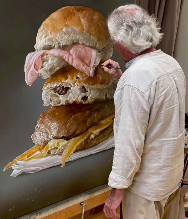 Book cover of Tjalf Sparnaay: The Bigger Picture, with an oil painting of a stacked cheese roll, hot crossed bun and a bacon butty. Published by Waanders Publishers.