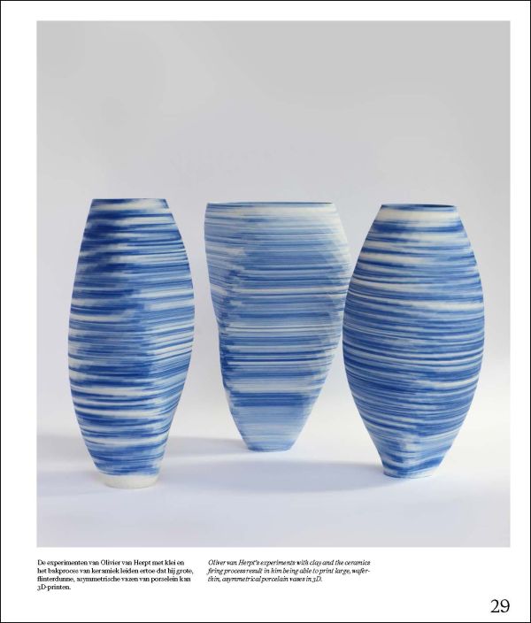 Book cover of Pioneering Ceramics, with a blue delft vase and a modern piece on top. Published by Waanders Publishers.
