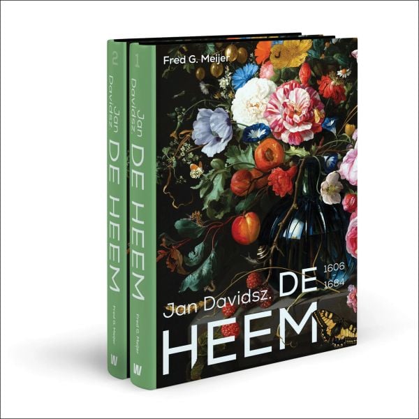 Slipcase of two volumes of Jan Davidsz. de Heem exhibition catalogue, with a painting of a vase of flowers. Published by Waanders Publishers.