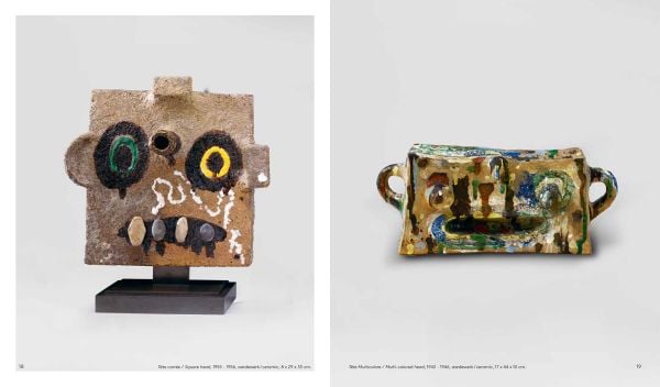 Book cover of Joan Miró: Sculptures, with the artist sitting on a chair in his studio. Published by Waanders Publishers.