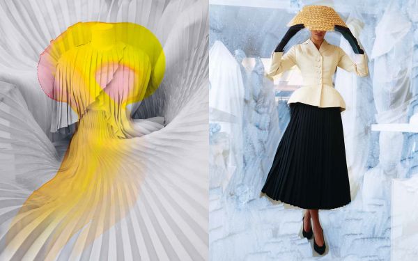 Book cover of Dior: A New Look, with a model wearing a cream jacket, black skirt and woven hat. Published by Waanders Publishers.