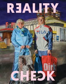 Book cover of Reality Check: 10 Year MORE, 10 Year Realism, featuring a painting of two figures wearing track suits, holding shopping bags. Published by Waanders Publishers.