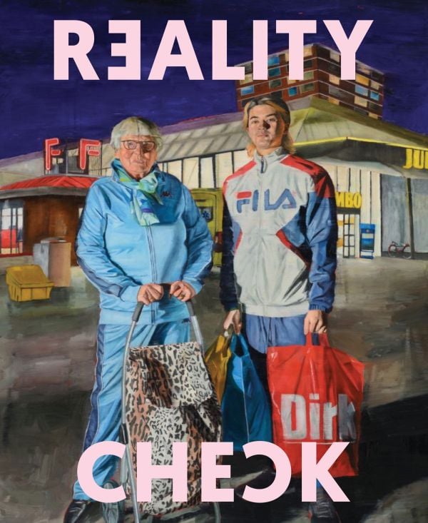 Book cover of Reality Check: 10 Year MORE, 10 Year Realism, featuring a painting of two figures wearing track suits, holding shopping bags. Published by Waanders Publishers.