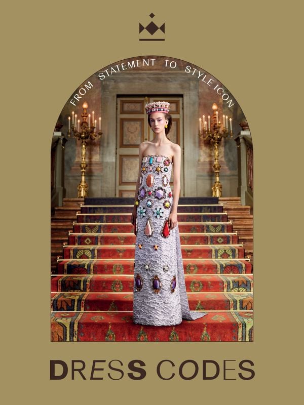 Book cover of Dress Codes: From Statement to Style Icon; featuring a model standing on a grand staircase, wearing a long, strapless dress covered in large jewels, . Published by Waanders Publishers.