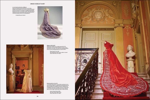 Book cover of Dress Codes: From Statement to Style Icon; featuring a model standing on a grand staircase, wearing a long, strapless dress covered in large jewels, . Published by Waanders Publishers.