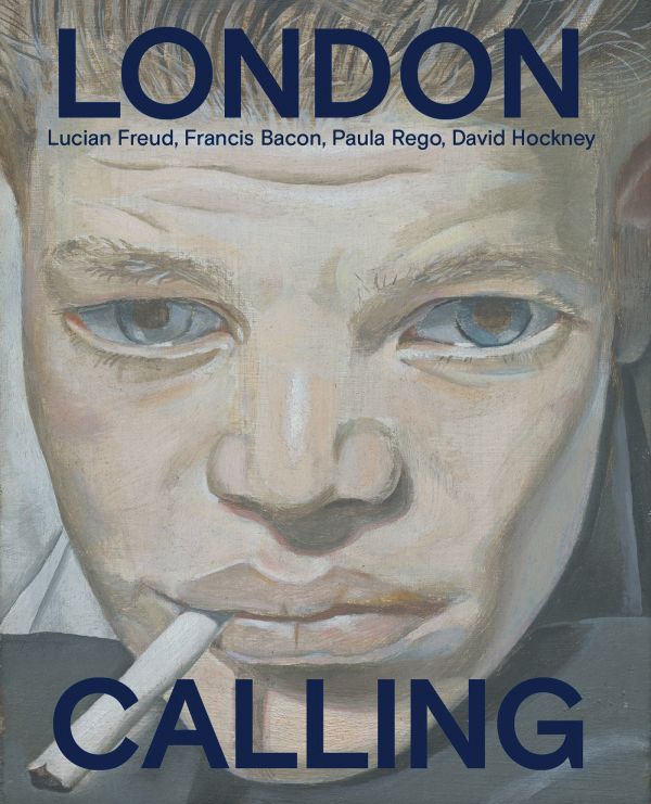 Book cover of London Calling: Francis Bacon, David Hockney, Paula Rego, Lucian Freud; featuring a portrait of figure with a cigarette in mouth. Published by Waanders Publishers.