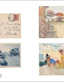 Book cover of Isaac Israels' Europe; painting of two figures in swimwear, holding umbrellas while standing on a beach. Published by Waanders Publishers.