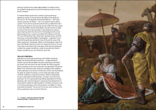 Book cover of At Home with Jan Steen; with a painting featuring two figures looking at a book. Published by Waanders Publishers.