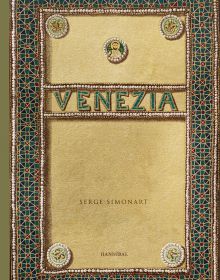 Mosaic style border in red and green, on sandy cover of 'Venezia, An evocative and atmospheric photo book, brimming with antiquarian treasures', by Hannibal Books.