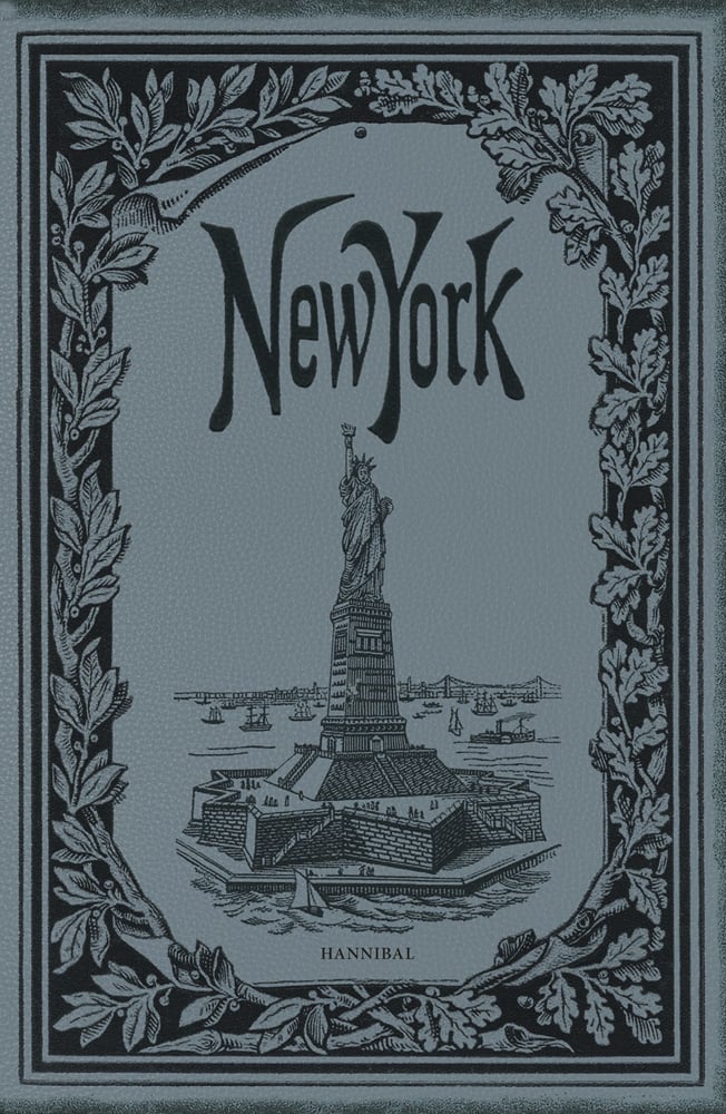 Illustration of New York Empire State Building, on grey cover, leaf design border, New York in black font above by Hannibal Books.