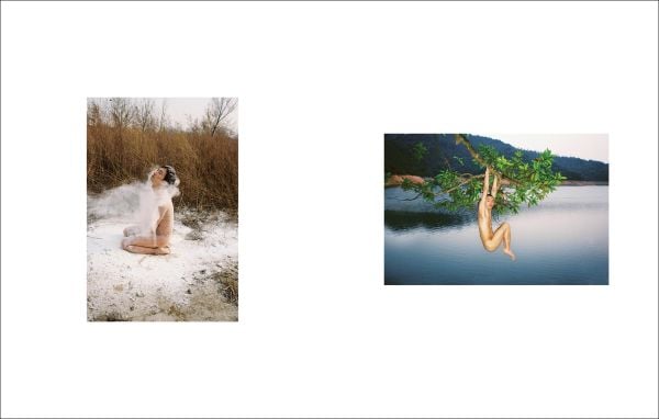 Book cover of Ren Hang: For My Mother, featuring a portrait of a nude female, with blue peacock obscuring her body. Published by Hopper&Fuchs.