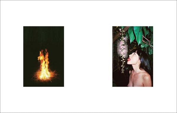 Book cover of Ren Hang: For My Mother, featuring a portrait of a nude female, with blue peacock obscuring her body. Published by Hopper&Fuchs.