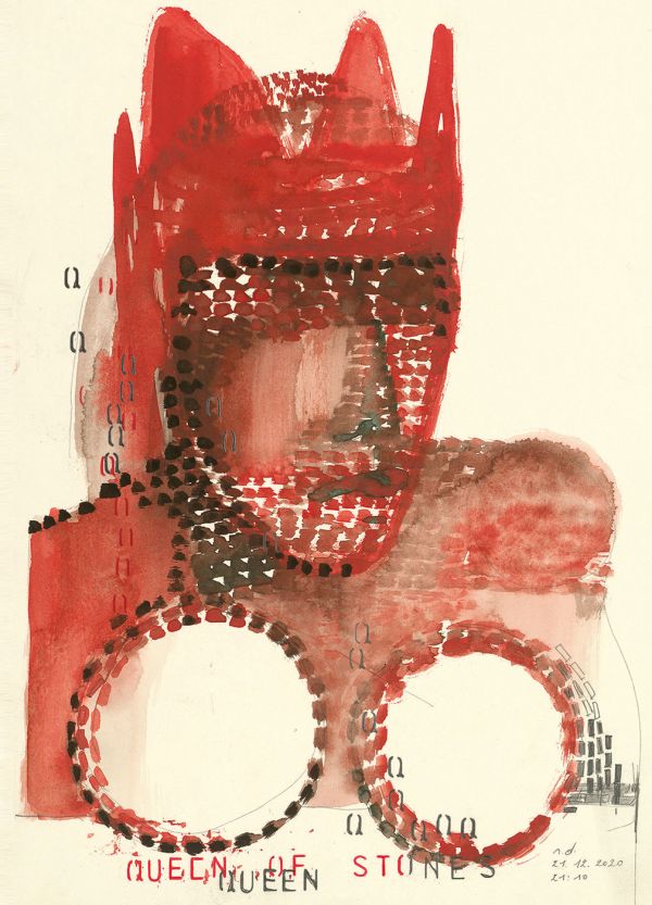 Book cover of Sculptures of Stones - Cahier 1: Ronny Delrue, featuring a watercolour of female figure in red with crown. Published by Hopper&Fuchs.