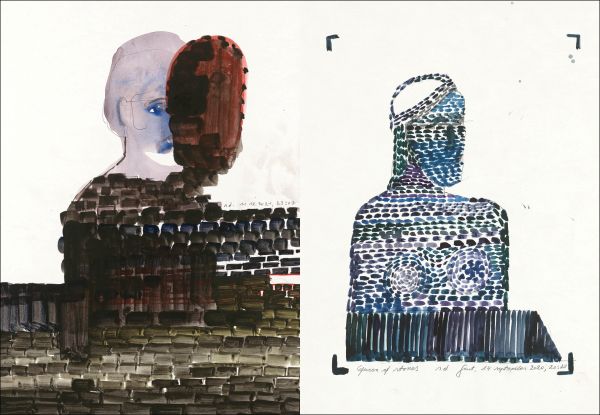 Book cover of Sculptures of Stones - Cahier 1: Ronny Delrue, featuring a watercolour of female figure in red with crown. Published by Hopper&Fuchs.