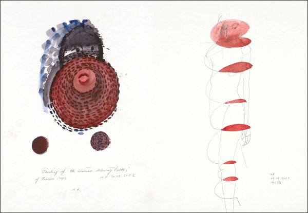 Book cover of Sculptures of Stones - Cahier 1: Ronny Delrue, featuring a watercolour of female figure in red with crown. Published by Hopper&Fuchs.