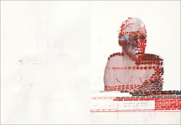 Book cover of Sculptures of Stones - Cahier 1: Ronny Delrue, featuring a watercolour of female figure in red with crown. Published by Hopper&Fuchs.