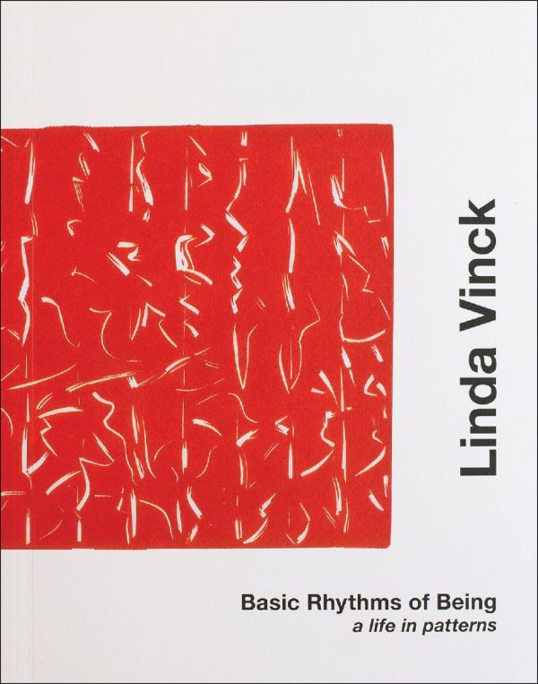 Book cover of Basic Rhythms of Being: Linda Vinck. A life in patterns, featuring a red square with wavy white lines. Published by Hopper&Fuchs.