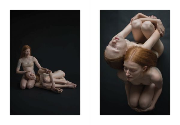 Book cover of Emotions In Between Emotions, with two female figures; one resting head on the others lap. Published by Hopper&Fuchs.