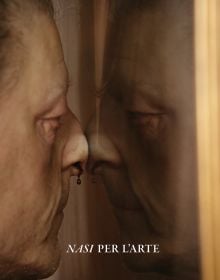 Book cover of Nasi Per L'Arte: Joanna De Vos & Melania Rossi, featuring a figure with a nosebleed pushing their face against a reflective surface. Published by Hopper&Fuchs.
