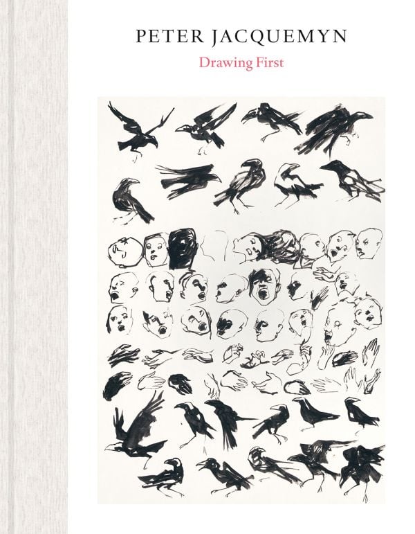 Book cover of Peter Jacquemyn: Drawing First, with small sketches of birds and faces. Published by Hopper&Fuchs.