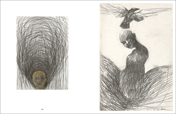 Book cover of Peter Jacquemyn: Drawing First, with small sketches of birds and faces. Published by Hopper&Fuchs.