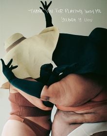 Book cover of Thank You For Playing With Me, with two plus-sized models in playful pose, wearing large floppy hats that obscure their faces. Published by Hopper&Fuchs.