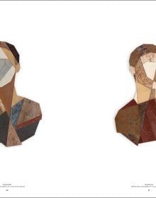 Flat wood collage of half length figure on white cover of 'Strook, Portraits', by Hannibal Books.