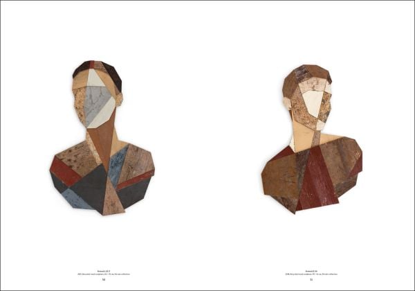 Flat wood collage of half length figure on white cover of 'Strook, Portraits', by Hannibal Books.